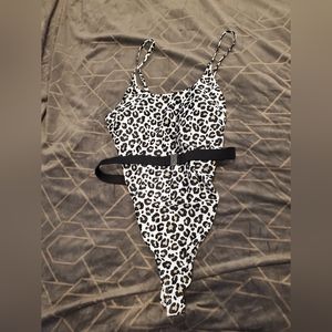 NWT My Charmo White Leopard Print One Piece bathing suit with belt size XL